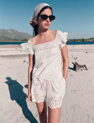 Pure Cotton Lace Bib Detail Embroidered Top