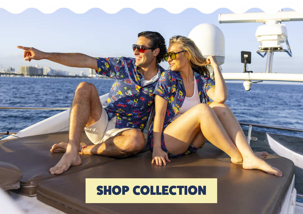 Man and woman wearing matching seersucker shirts