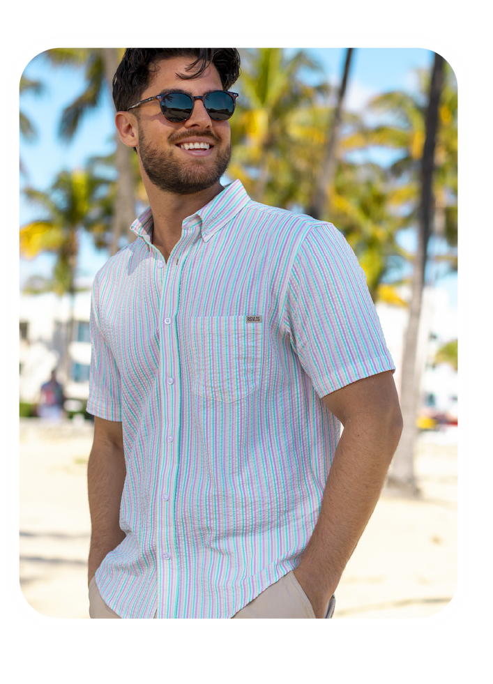 Man wearing Easy Does It Seersucker Shirt