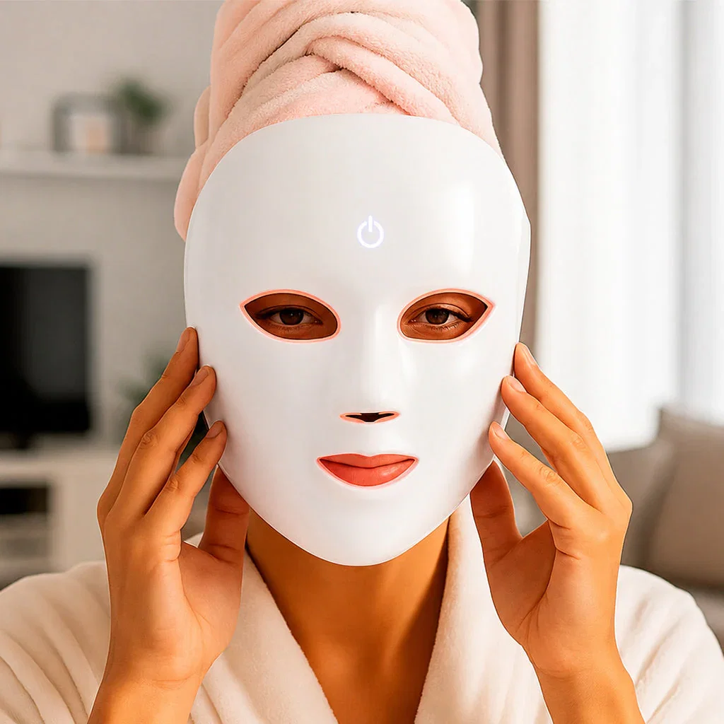 Woman wearing white LED light therapy mask with orange accents in modern bathroom setting