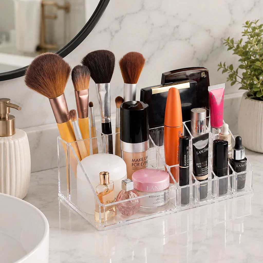 Organized acrylic makeup organizer displaying brushes, cosmetics, and beauty products on a marble bathroom vanity.