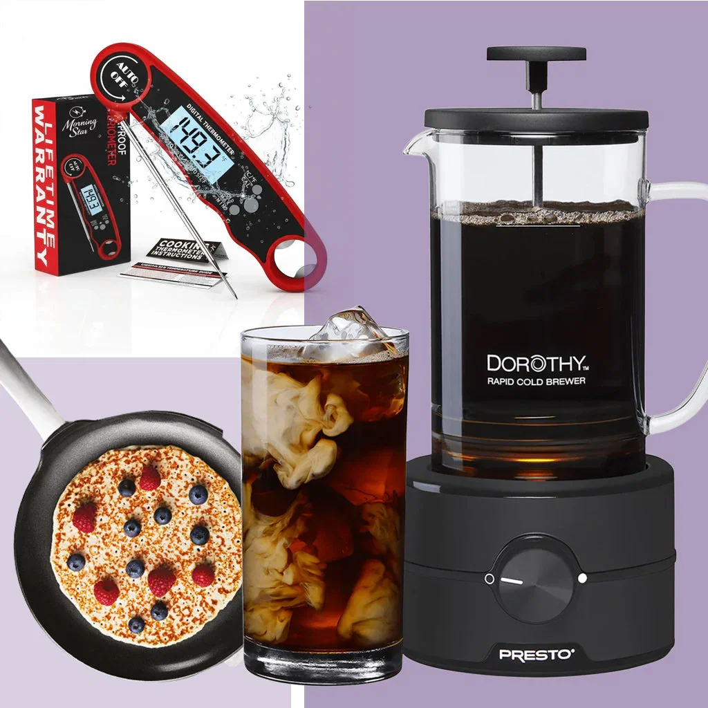 Kitchen Best Sellers collection featuring a digital thermometer, cold brew maker, skillet with berries, and iced coffee beverage.