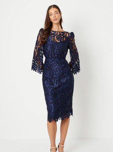 Satin Lace Boat Neck Midi Dress With Fluted Sleeve