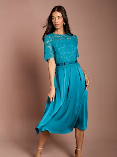 Lace And Crepe Full Skirted Midi Dress