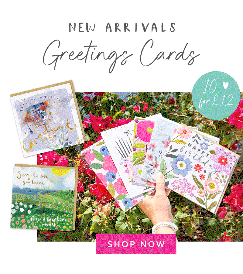 Animated summer greetings card promotion featuring floral and occasion cards held outdoors amongst bright flowers. Includes “10 for £12” offer badge and pink shop now button.