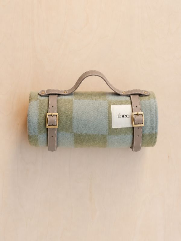 Recycled Wool Picnic Blanket  Green & Blue Checkerboard