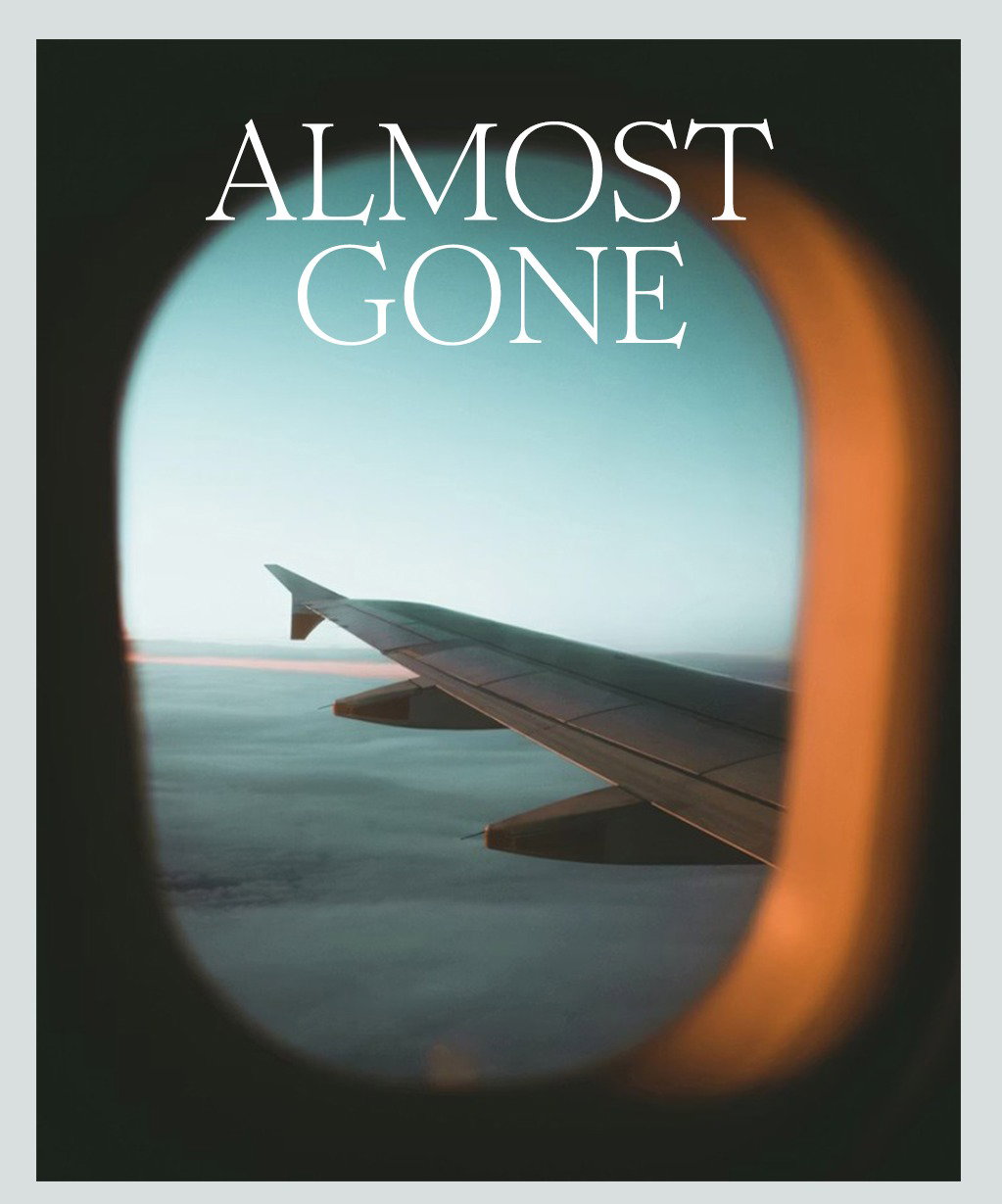 View from an airplane window above the clouds with the text “Almost Gone” overlayed, promoting a summer beauty gift offer.