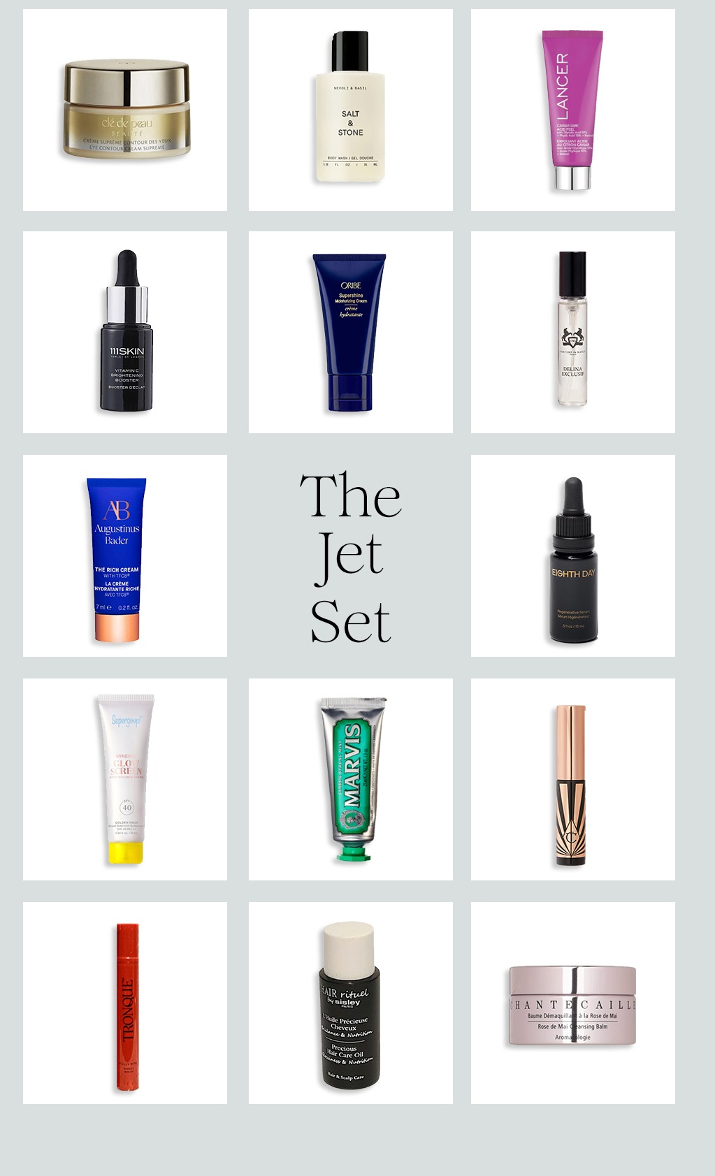 Curated “Jet Set” beauty essentials featuring skincare, haircare, fragrance, SPF, and makeup travel-size products arranged in a grid layout.