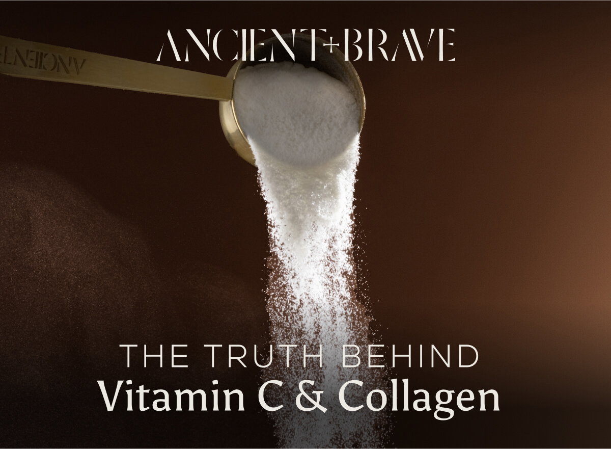 A close up of collagen powder falling from a scoop. The text is overlaid 'The Truth Behind Vitamin C & Collagen'.