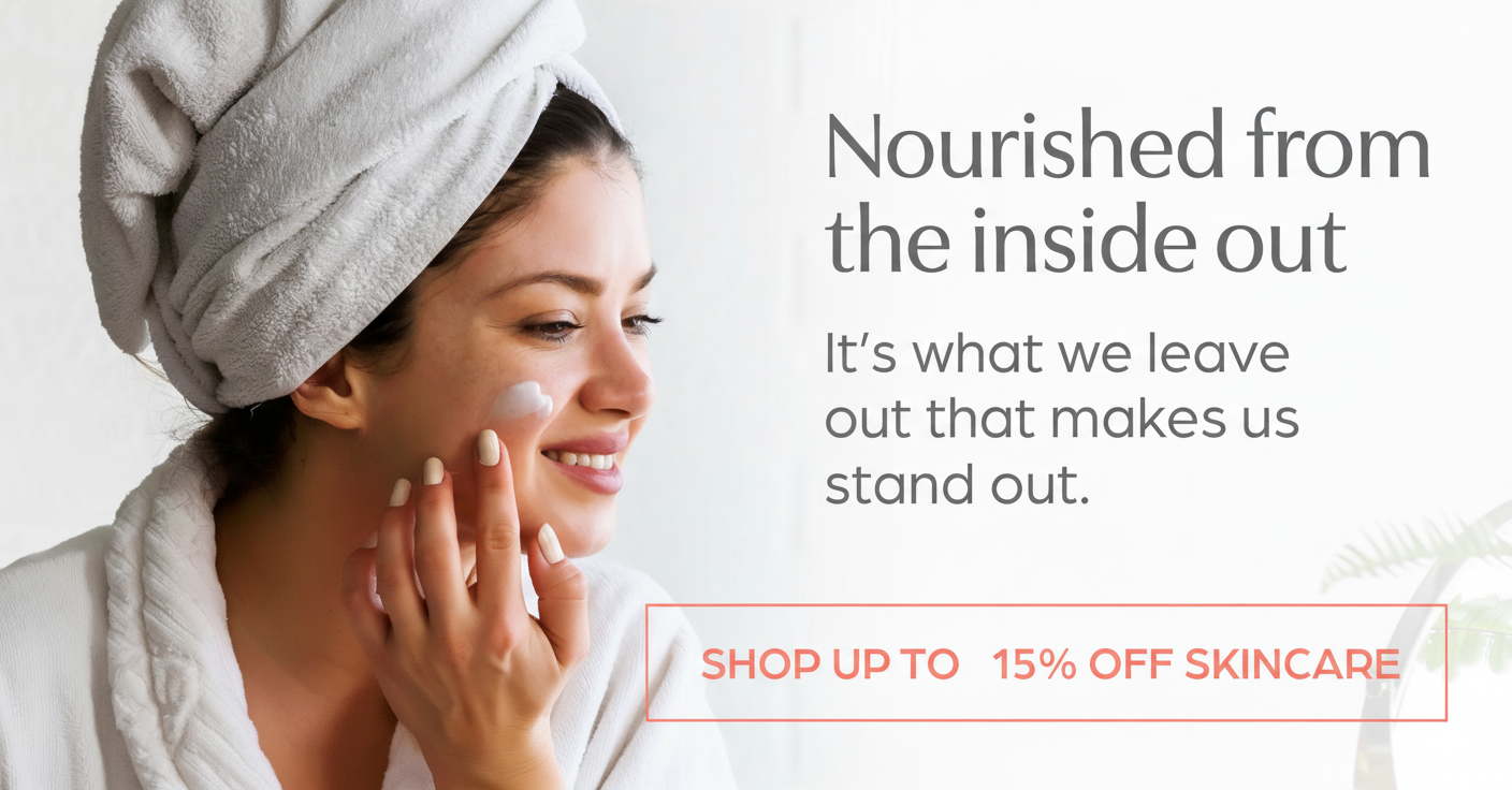 Woman applying skincare cream, with text "Nourished from the inside out" and a sale offer.