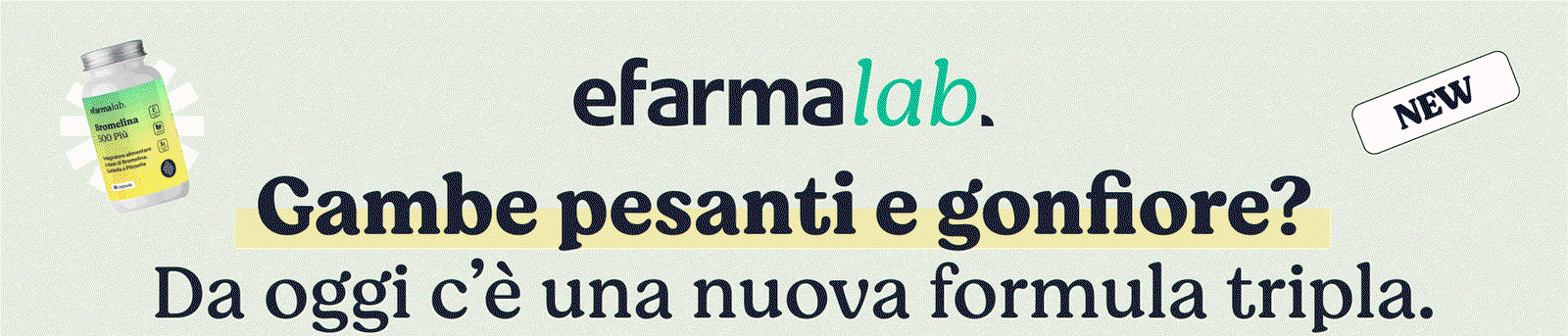 efarmalab banner in Italian promoting a new triple-action formula for heavy, swollen legs