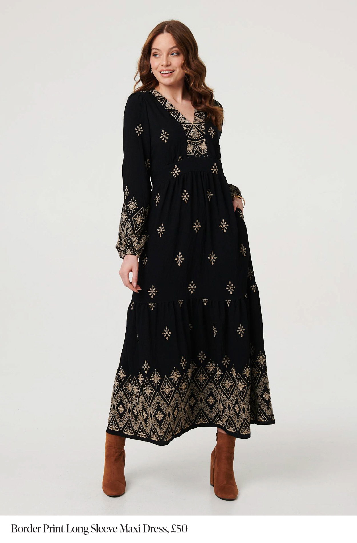 Border Print Long Sleeve Maxi Dress | Shop Now