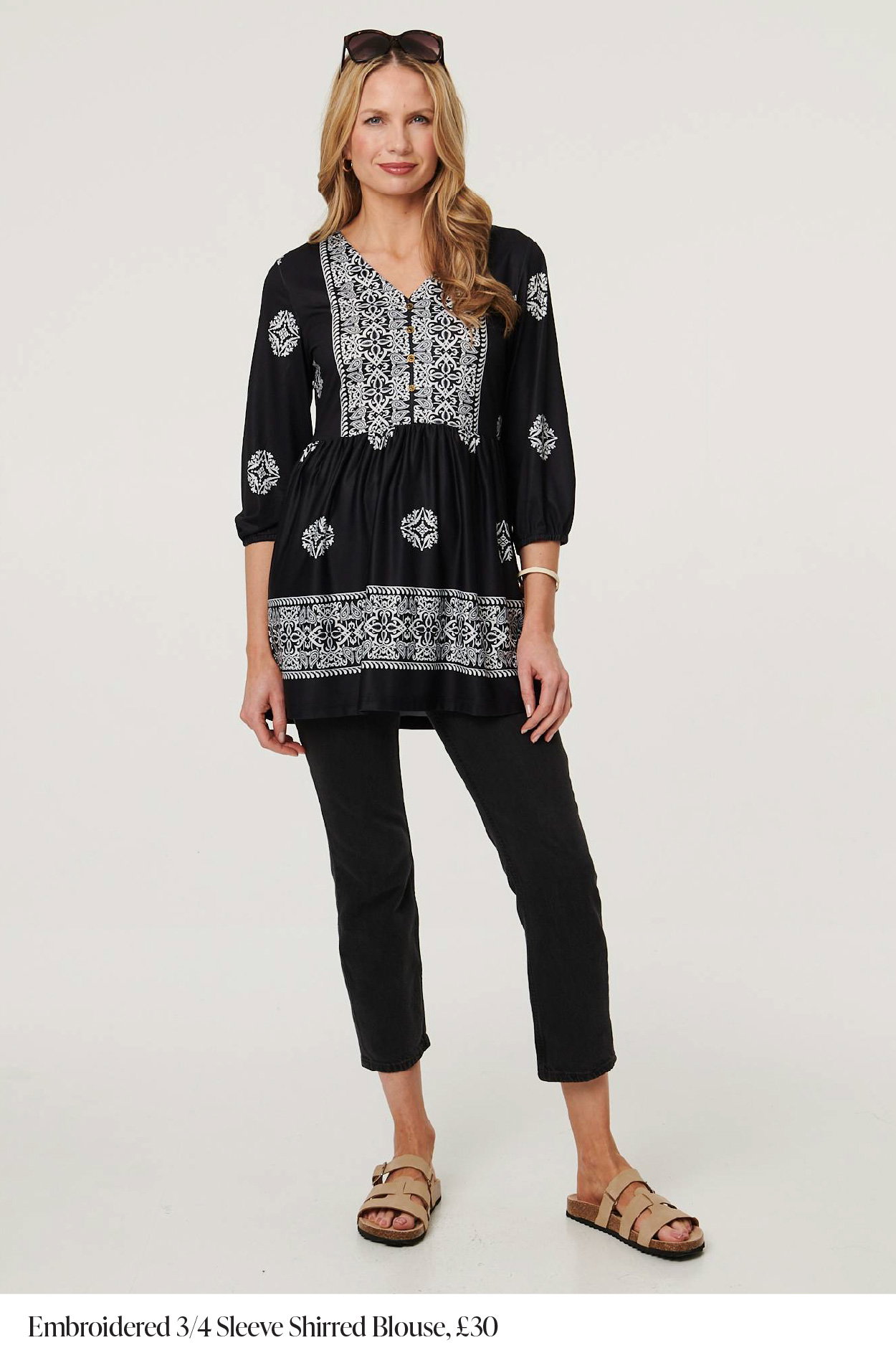 Embroidered 3/4 Sleeve Shirred Blouse | Shop Now