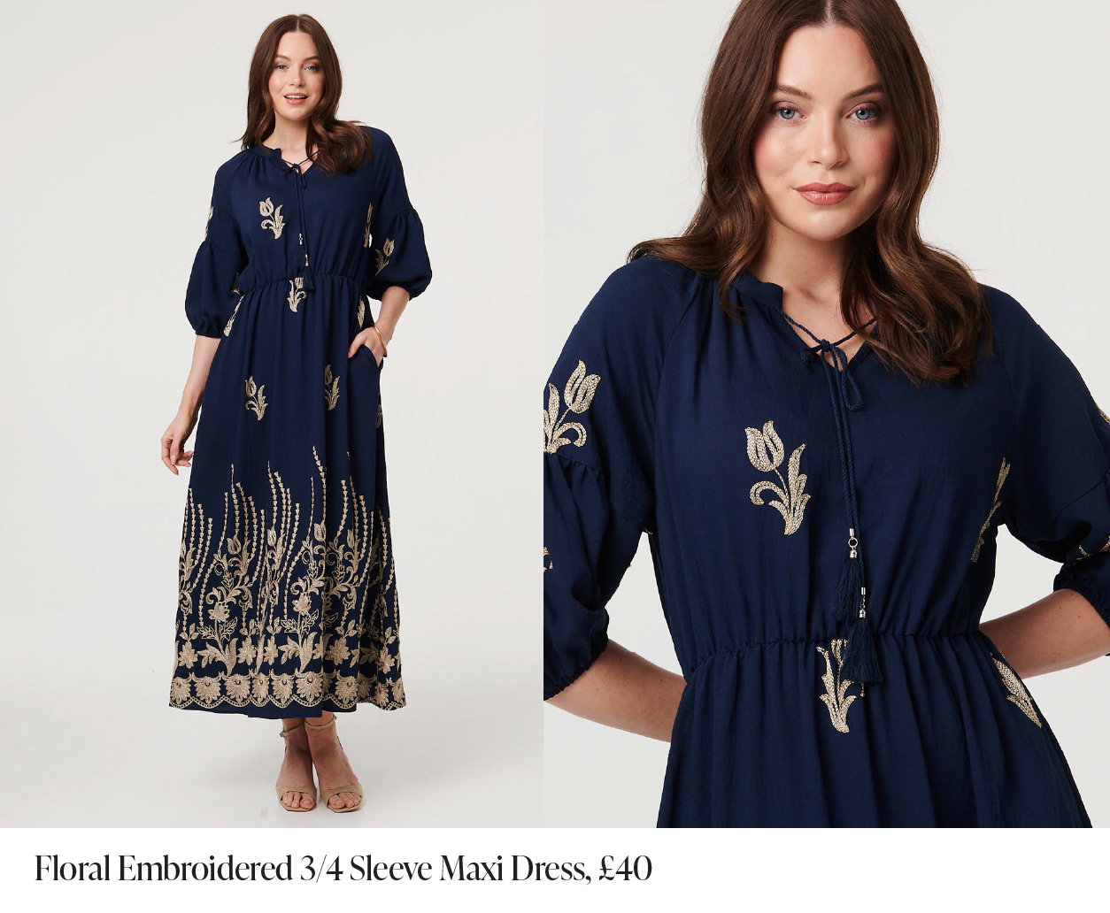 Floral Embroidered 3/4 Sleeve Maxi Dress | Shop Now