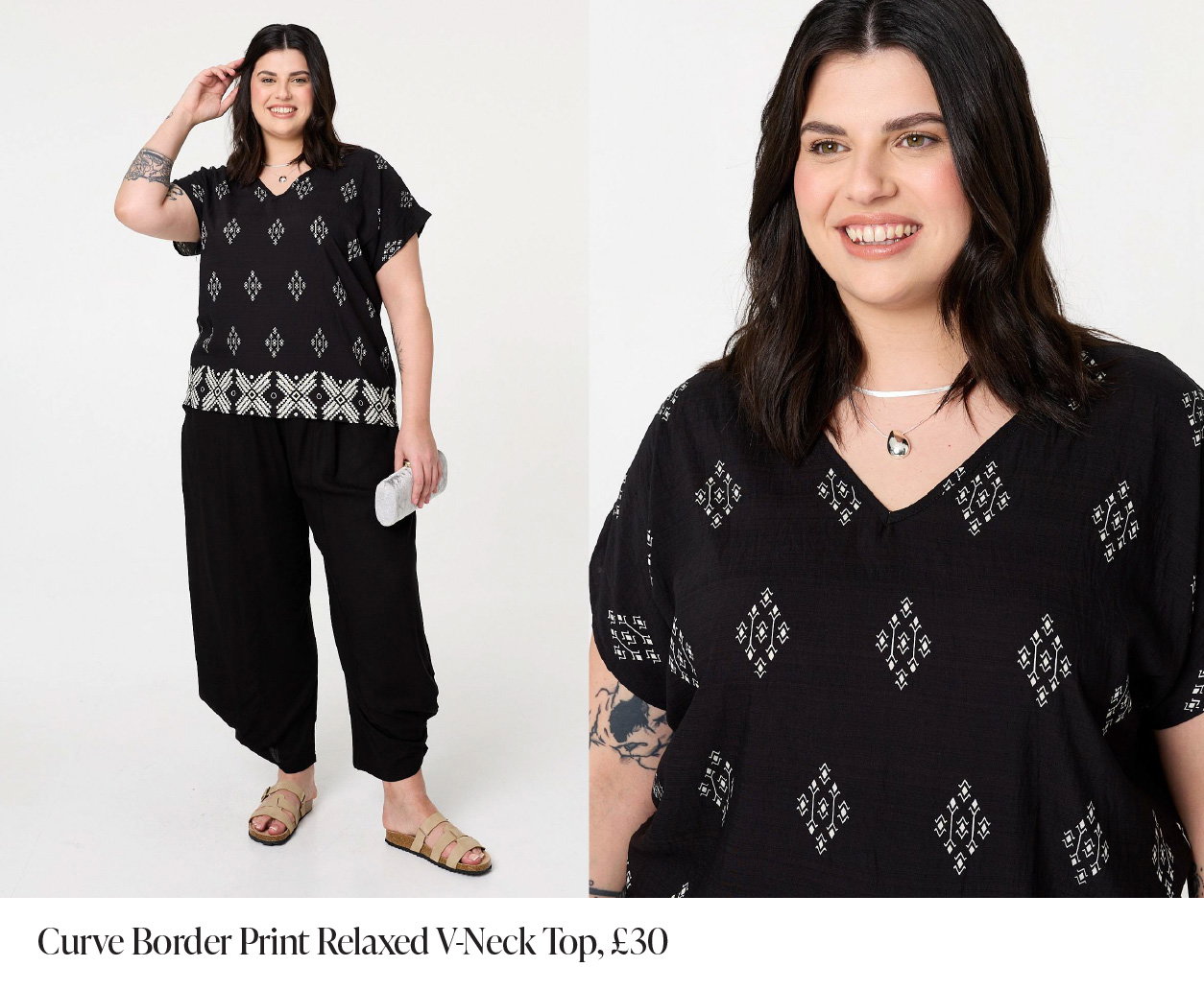 Curve Border Print Relaxed V-Neck Top | Shop Now