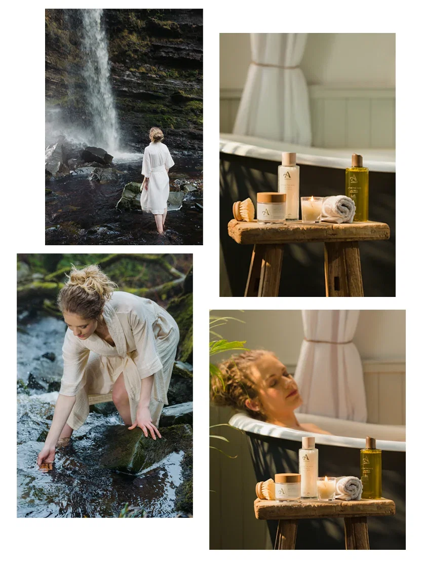 a collection of images of Arran waterfall and woman in a bath