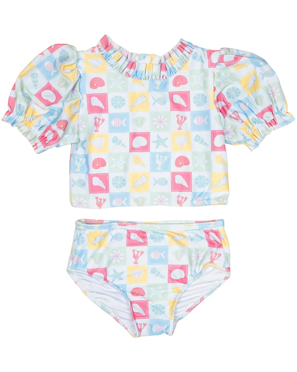 Image of Coastal Stamps in Pastel Puff Sleeve Tankini- FINAL SALE