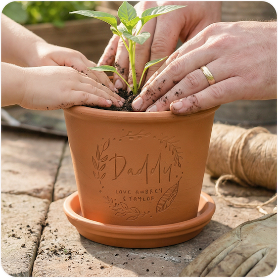 A pair of hands planting a small seedling into an engraved terracotta pot