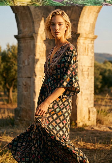Multi Geo Print V-Neck Frill Maxi Dress