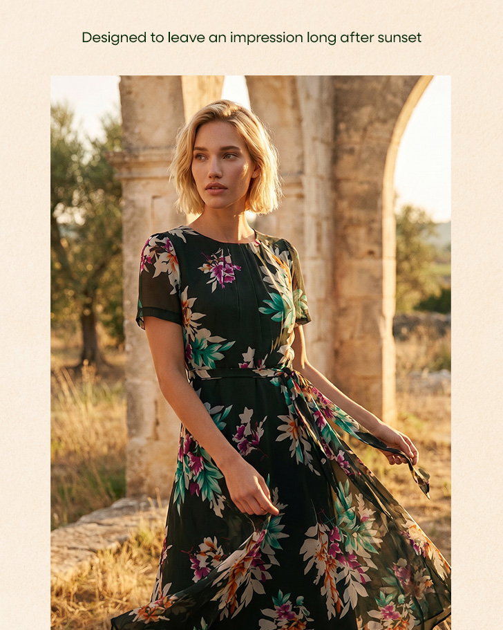 Black Floral Print Pleat Neck Midi Dress