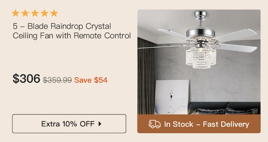 5 - Blade Raindrop Crystal Ceiling Fan with Remote Control