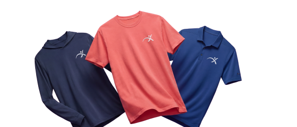 A custom hoodie, t-shirt, and polo with left-chest branding on a purple background.