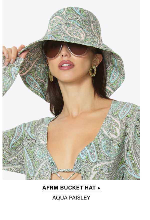 AFRM BUCKET HAT. AQUA PAISLEY