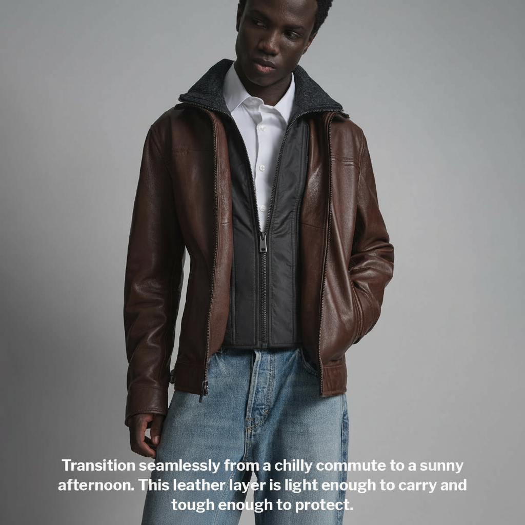 Man in brown leather jacket and jeans, with text about the jacket's versatility.