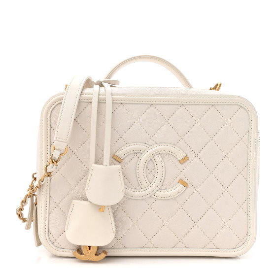 CHANEL Caviar Quilted Large CC Filigree Vanity Case White