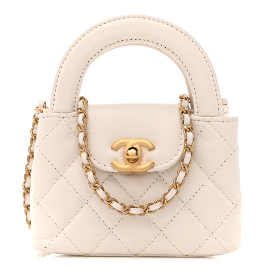 CHANEL Shiny Aged Calfskin Quilted Mini Nano Kelly Shopper White