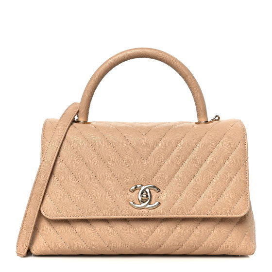CHANEL Caviar Chevron Quilted Small Coco Handle Flap Beige