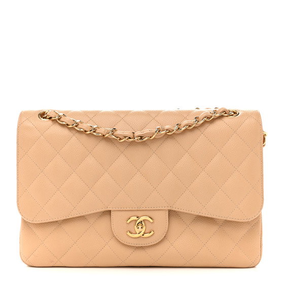CHANEL Caviar Quilted Jumbo Double Flap Beige