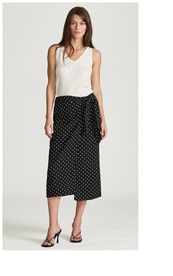 Woven Wrap Midi Skirt Black Polka Dot Printed