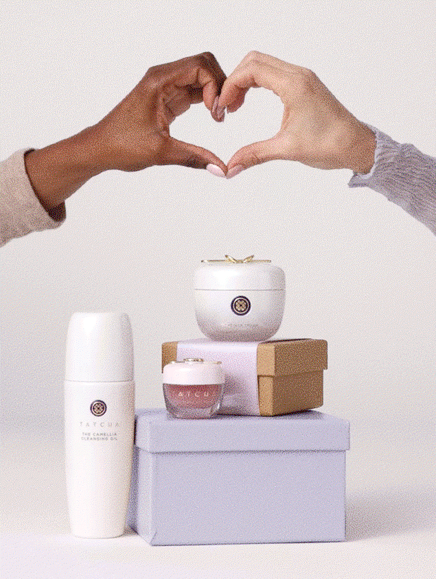 A gif of Tatcha products and hands in the shape of a heart