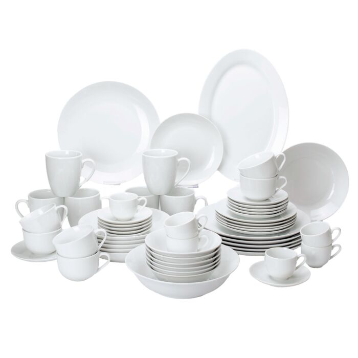 Geschirr-Set Porzellan «Bianco», 56-teilig, 6 Personen, schlichtes Design , weiss