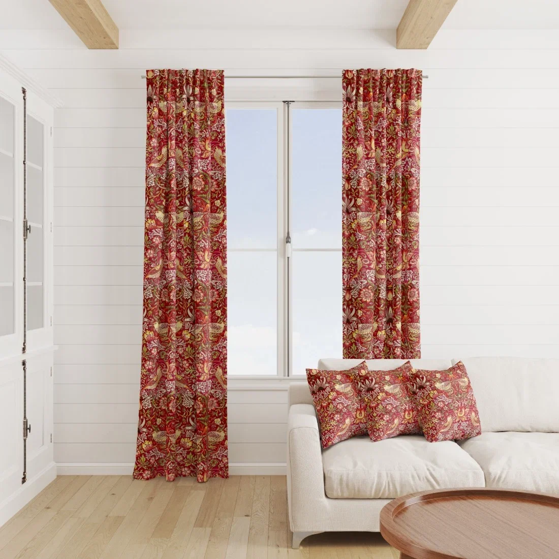 Image of William Morris Strawberry Thief Velvet Fabric Wine 148cm