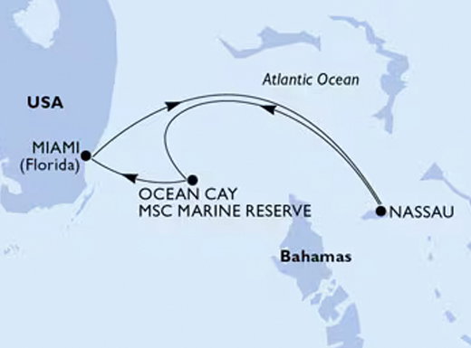 MSC Seaside reittikartta.