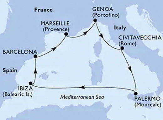 MSC Seaview reittikartta Roomasta.