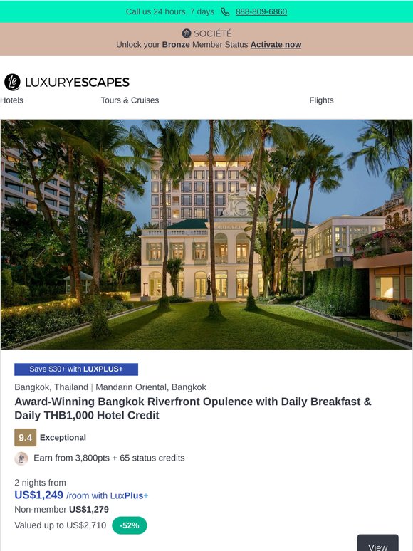 Bangkok Award-Winning Mandarin Oriental Opulence w. Daily Breakfast