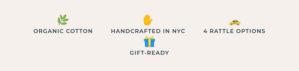 Brooklyn Brunch Set details — organic cotton, handcrafted in NYC, 4 rattle options