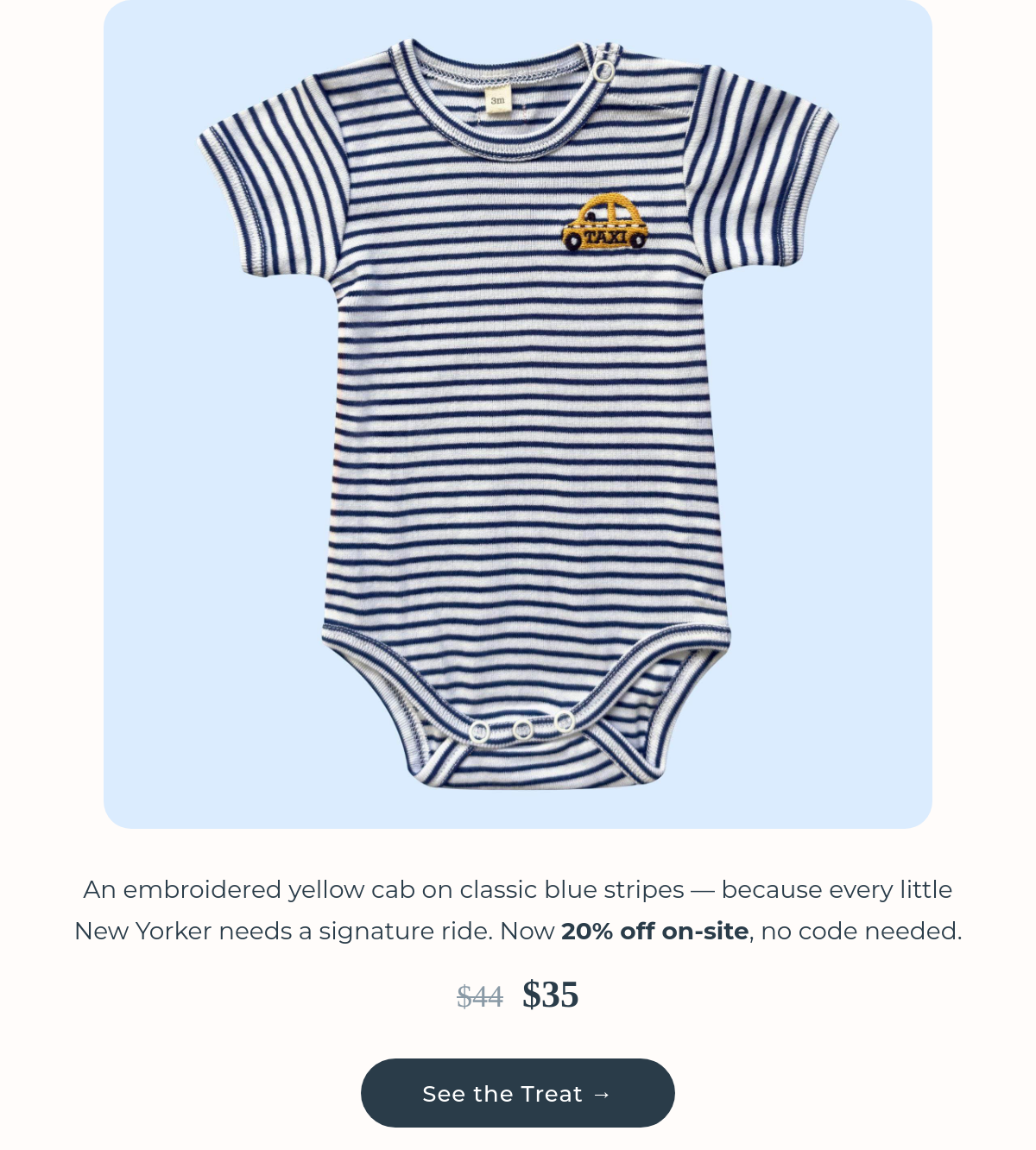 Taxi Embroidery Bodysuit — organic cotton bodysuit with embroidered NYC taxi on blue stripes