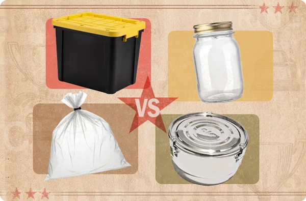 4 Cure Storage containers in a 2x2 grid with a 'VS' in the middle - plastic bin, glass Mason jar, turkey bag, and CVault.