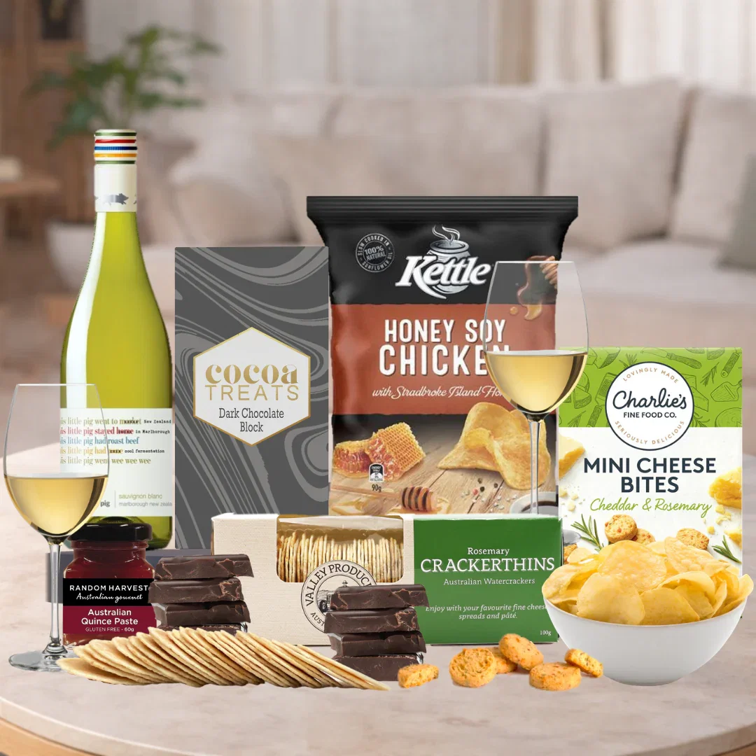 Image of White Wine and food gift basket