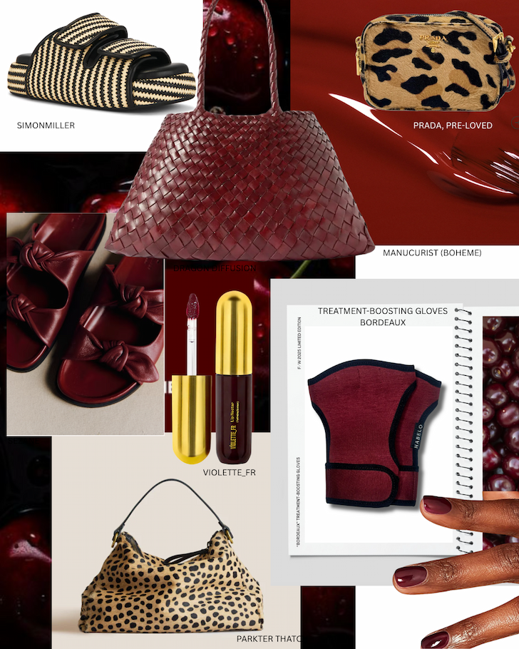 Habelo Bordeaux Treatment-Boosting Gloves and Activating Hand Serum featured in a rich, red-toned fashion collage. Final few available.