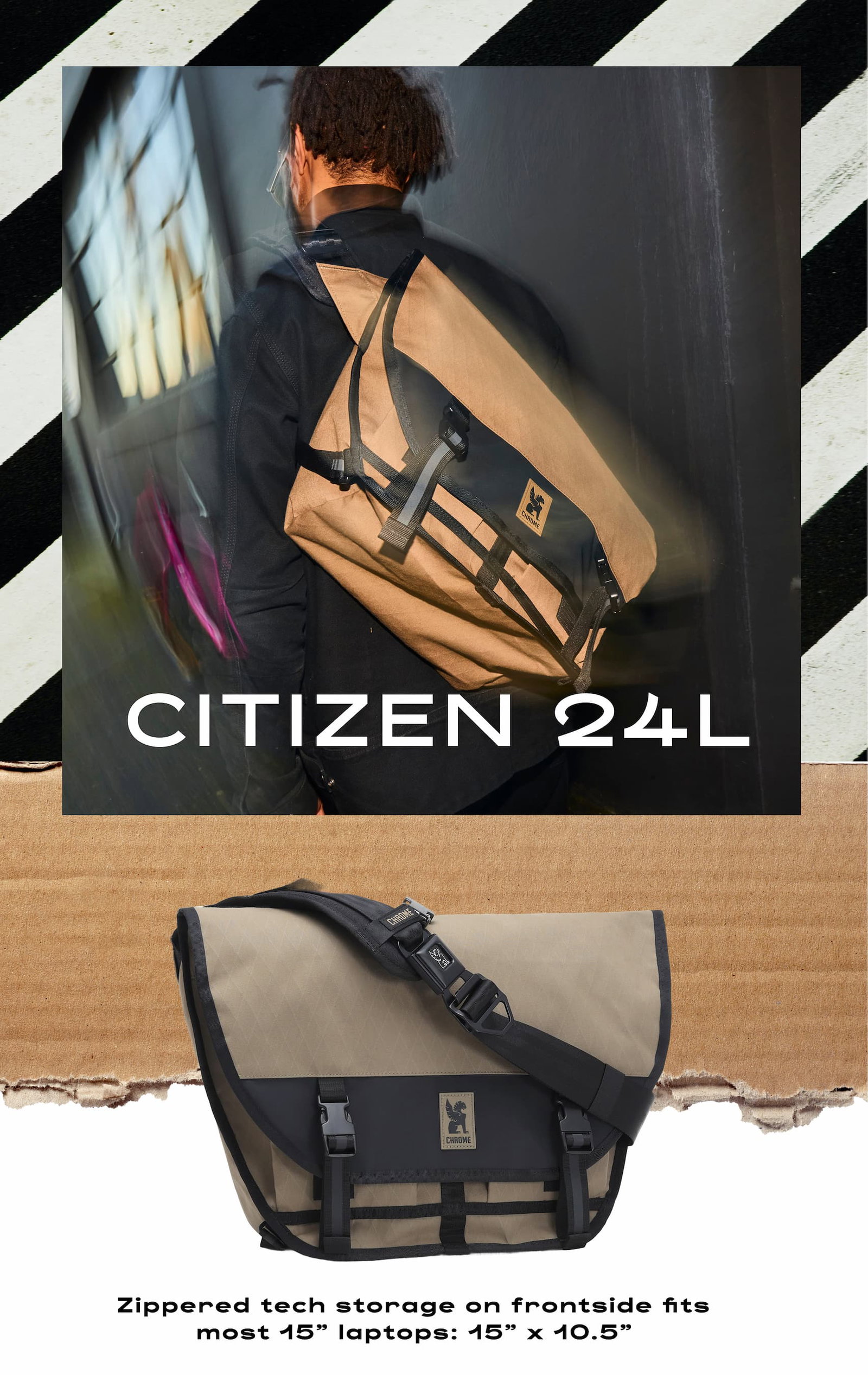 A guy riding a pink bike wearing a brown Citizen 24L Messenger