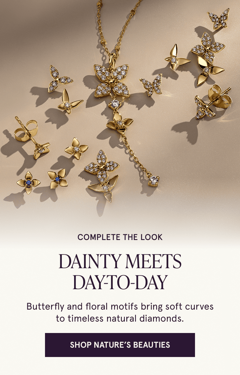 Butterfly and floral shaped gold diamond jewelry. Dainty diamonds for day to day. Click here to shop Nature’s Beauties