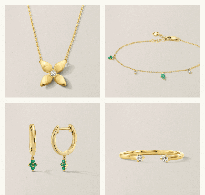 A gold necklace with a flower shaped pendant, a station bracelet, a pair of hoop drop earrings and a gold and diamond ring.