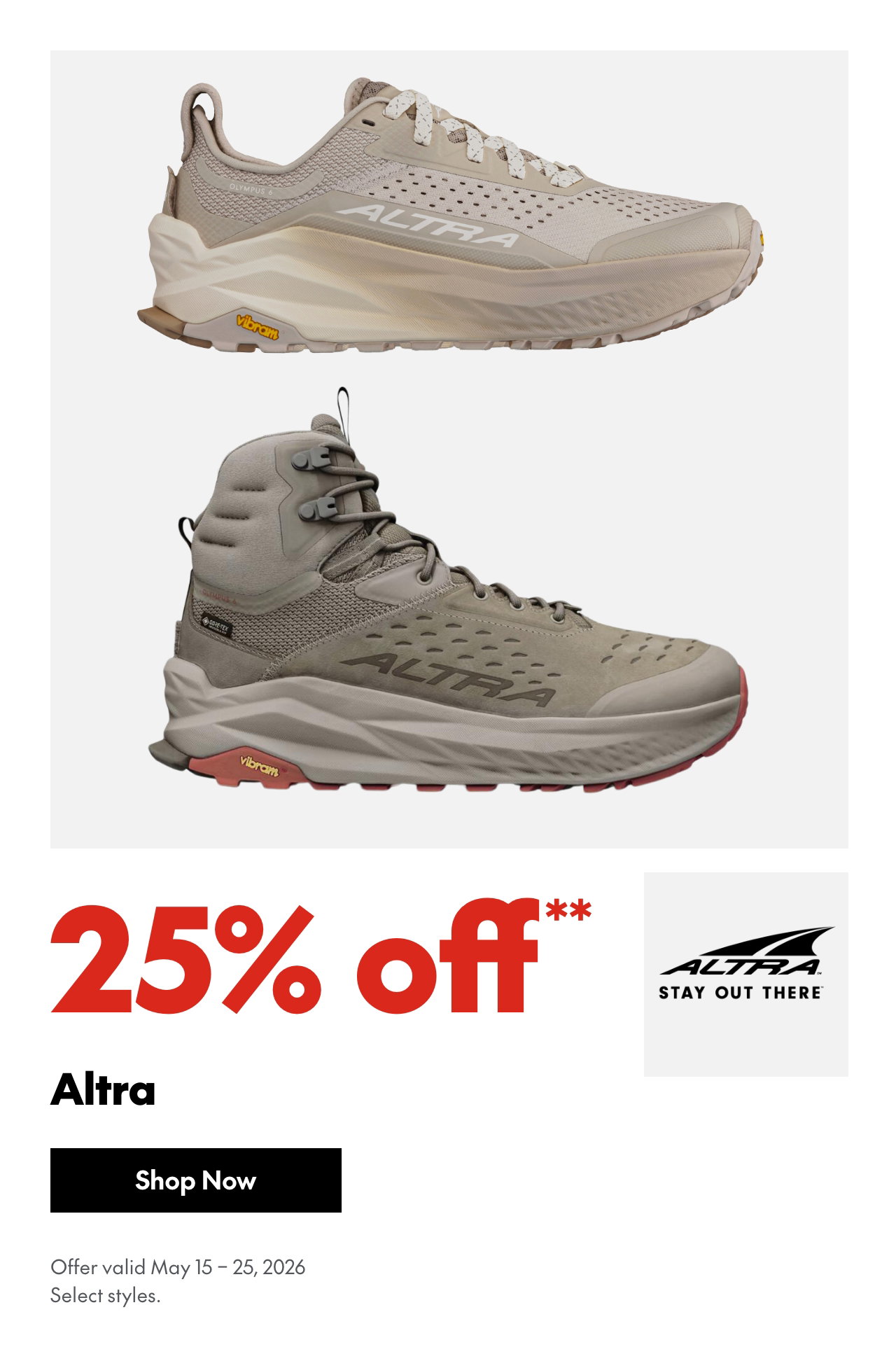 Altra
May 15 - 25, 2026
25% off