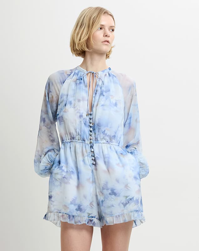 Daisy Chiffon Floral Chevron Blue Playsuit