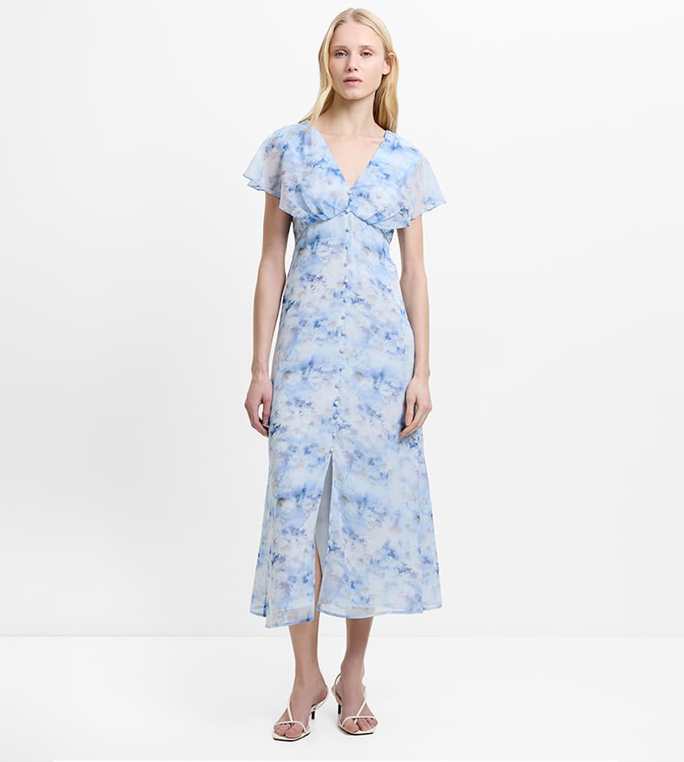 Daisy Flutter Sleeve Blue Floral Midi Dress